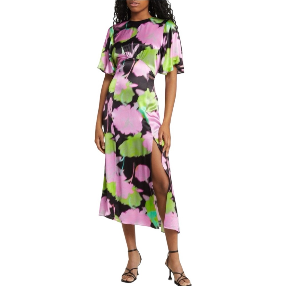 Topshop Austin bold floral print angel sleeve midi occasion dress in multi Sz 8